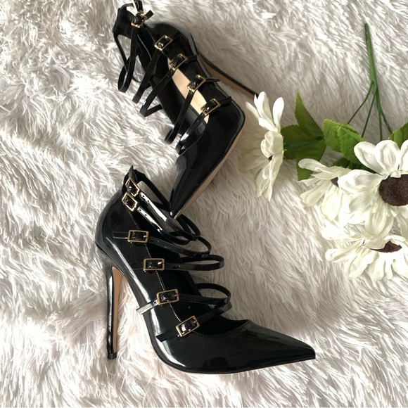 ASOS BLACK PATENT LEATHER HEELS STRAPPY SEXY - Picture 2 of 8